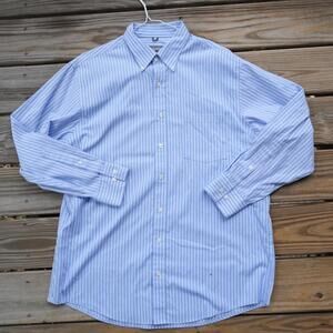 Kenneth Cole L 16-16.5 32/33 Reaction Non-Iron Blue White Stripe Button Up Shirt